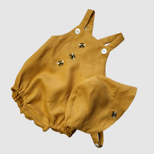 Bee Embroidery Bib Front Romper and Bonnet Set